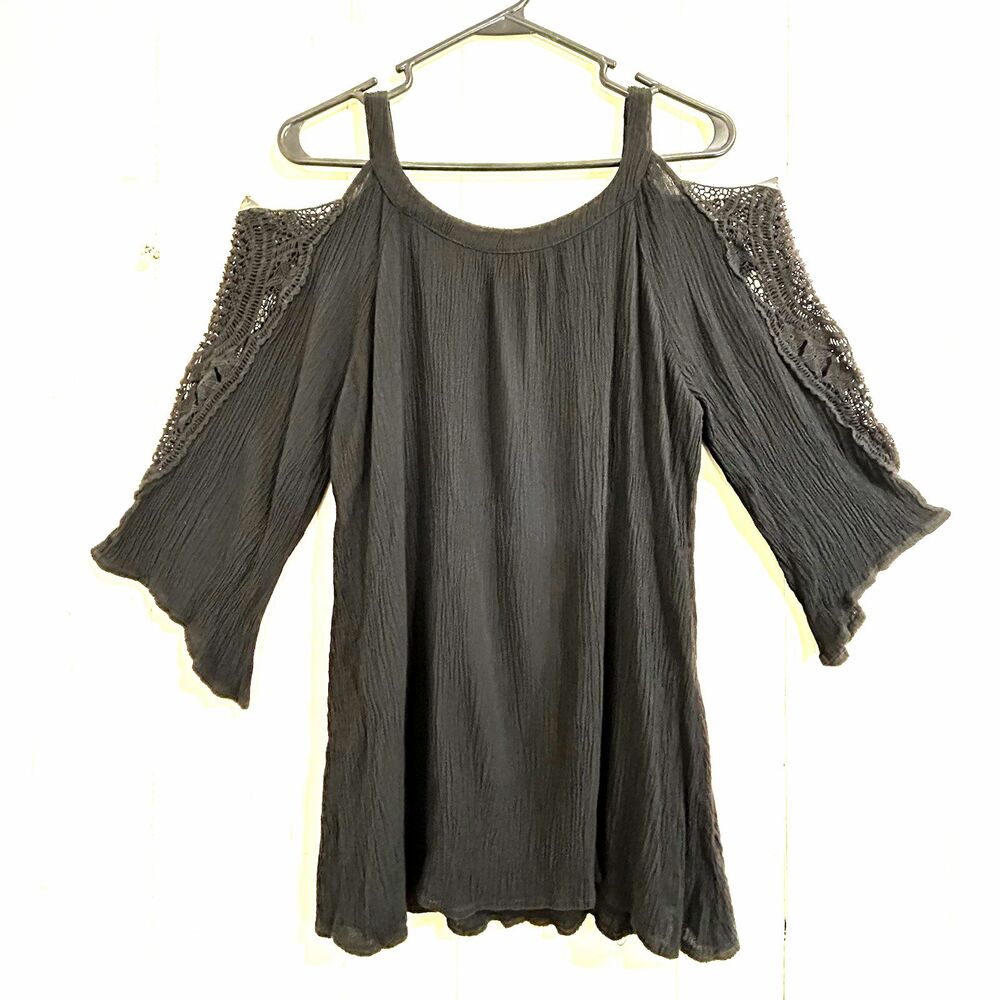 Chico’s Zenergy Black Cold Top Size 2=Large Lace Flare Sleeves Gauze Stretch Top